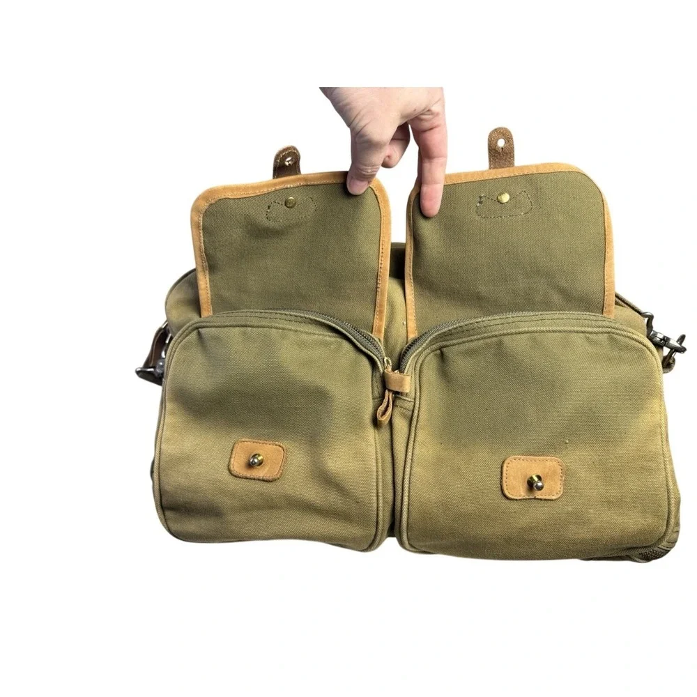 Vintage Eddie Bauer Army Green Safari Canvas Leather Duffle Shoulder Utility Bag